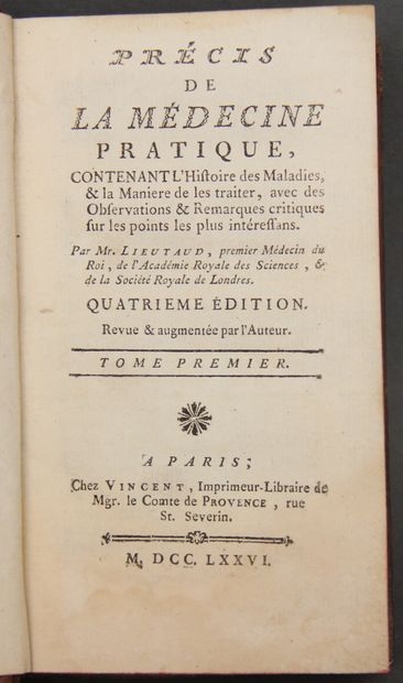 null Lot :

- LIEUTAUD

Précis de la Médecine pratique, 4ème éd., 1776, 1 vol. pleine...