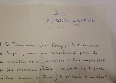 null Jean DUBUFFET.

Lettre autographe à Jean Ferry, 27 palotin 87 (16 mai 1960)....