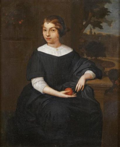 Ecole hollandaise Seconde moitié du XVII siècle Portrait de jeune femme dans un parc...