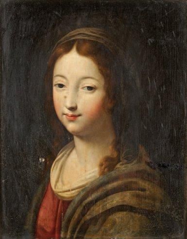 Ecole française - Milieu du XVII siècle Portrait de jeune femme, la tête couverte...