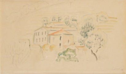 Survage Léopold (1879-1968) Vue de village, 1918. Aquarelle et crayon sur papier....
