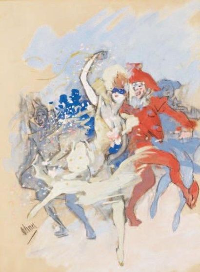 CHERET Jules (1836-1932) Scène de Carnaval Gouache et fusain sur papier. Signé en...