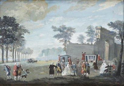 Saint Aubin Augustin de (Dans le goût de) (1736-1807) L'arrivée des carrosses dans...