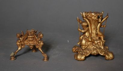 null * Lot of two display stands and bronze mountings. A bronze and porcelain candlestick...
