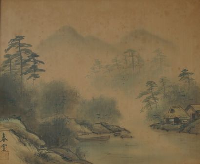 null Lot :

- Watercolor on silk representing a lakeside landscape signed lower left

35...