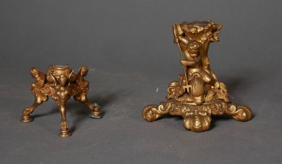 null * Lot of two display stands and bronze mountings. A bronze and porcelain candlestick...