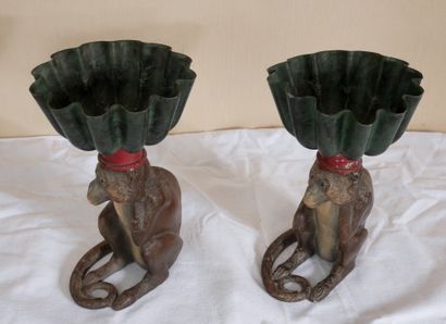 null Pair of polychrome metal pot holders representing monkeys supporting a bowl,...