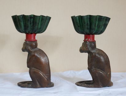 null Pair of polychrome metal pot holders representing monkeys supporting a bowl,...
