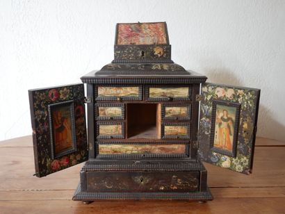 null Blackened wood quadripod cabinet with painted decoration of flowers, characters...