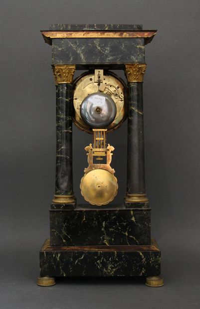 null Portico clock in painted sheet metal imitating marble and bronze, Restoration...