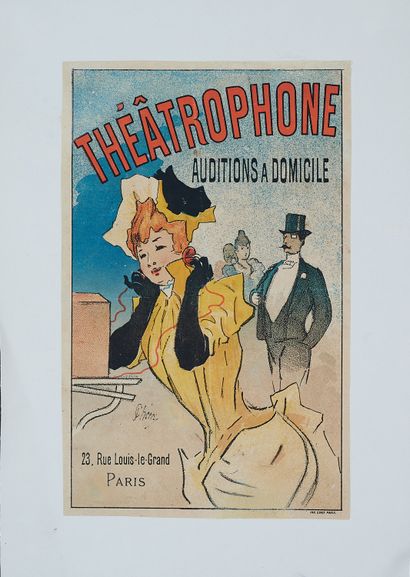 null Jules CHERET (1836-1932). 
THEÂTROPHONE AUDITIONS A DOMICILE. 
Affichette lithographiée...