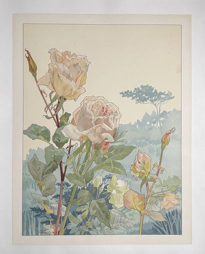 null Henri PRIVAT-LIVEMONT (1861-1936). 
Roses dans un paysage, 190
". Carton lithographié...