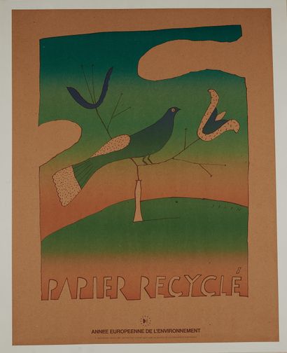 null Jean-Michel FOLON (1934-2005). 
RECYCLED PAPER. 
Poster printed in colors, pasted...