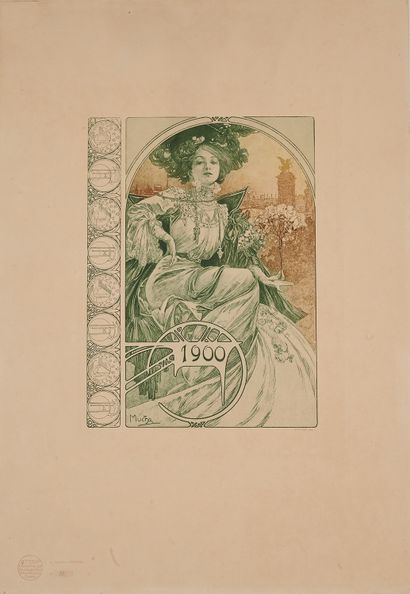 null Alfons MUCHA (1860-1939). 
ELEGANTE AU BOUQUET, EXPOSITION 1900.
Lithographie...