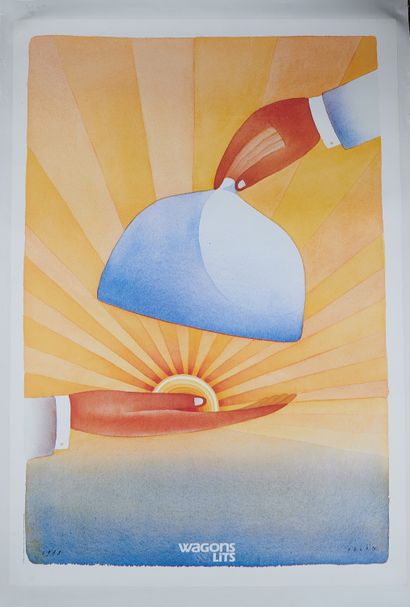 null Jean-Michel FOLON (1934-2005).
WAGONS LITS, 1988. 
Affiche imprimée en couleurs,...