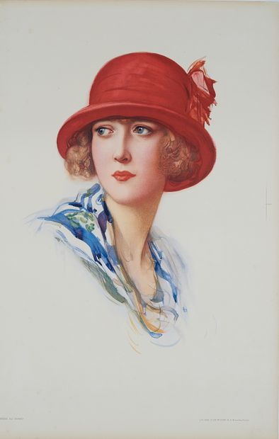 null Fernand TOUSSAINT (1873-1955)
Portrait de femme au chapeau rouge.
Affiche lithographiée...