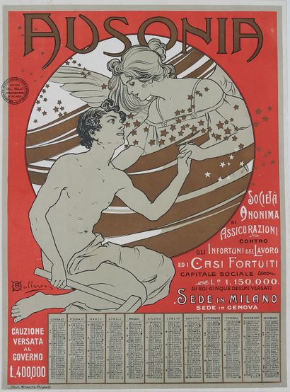null Osvaldo BALLERIO (1870-1942). 
AUSONIA. 
Poster calendar lithographed colors,...