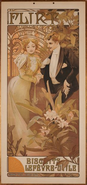 null Alfons MUCHA (1860-1939). 
FLIRT. BISCUIT LEFEVRE-UTILE. 
Affiche couleurs cartonnée,...