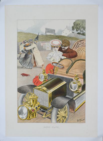 null Georges MEUNIER (1869-1934). 
MOTO-FUITE. 
Affiche lithographiée couleurs, contrecollée...