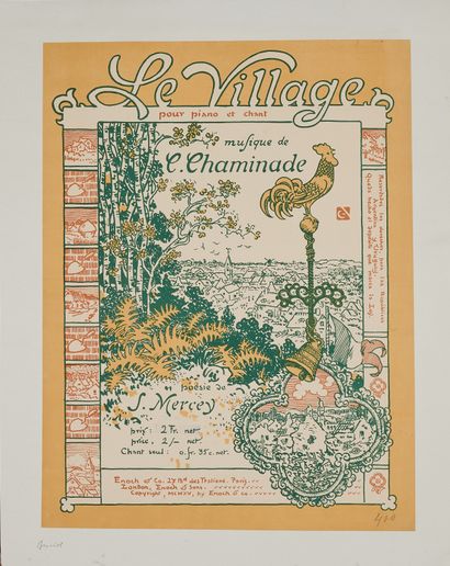 null Georges AURIOL (1863-1938)
lot de 3 affiches :
- LE VILLAGE, pour piano et chant.
Affiche...