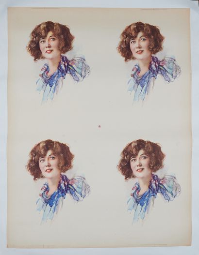 null ANONYME. 
Portrait de femme dupliqué en quatre fois.
Affiche lithographiée couleurs,...