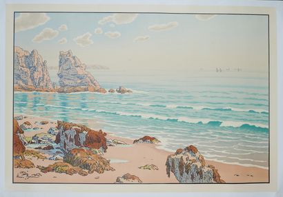 null Henri RIVIERE (1864-1951).
Les aspects de la nature : La plage, pl.14
Lithographie...