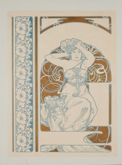 null Alfons MUCHA (1860-1939). 
WOMAN PUTTING HER CROWN OF FLOWERS, 1899. 
Lithographed...