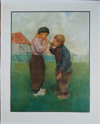 null Frantz CHARLET (1862-1928). 
Two children smoking. 
Poster lithographed in colors...