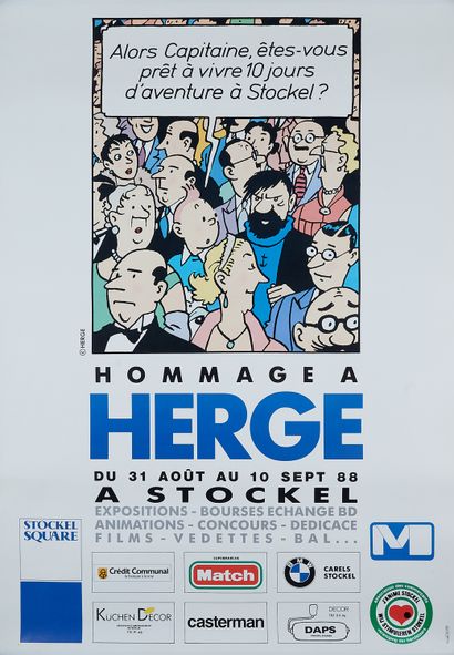 null HERGE (1907-1983). 
HOMMAGE A HERGE, 1988 A STOCKEL. 
Affiche imprimée couleurs,...