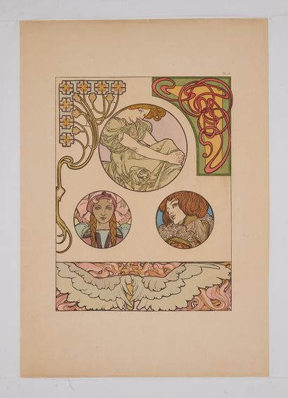 null Alfons MUCHA (1860-1939). 
Projet décor de trois femmes dans un médaillon :...