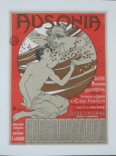 null Osvaldo BALLERIO (1870-1942). 
AUSONIA. 
Affiche calendrier lithographiée couleurs,...