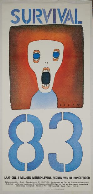null Jean-Michel FOLON (1934-2005). 
SURVIVAL 83. 
Affiche imprimée couleurs, contrecollée...