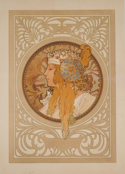 null Alfons MUCHA (1860-1939).
Tête byzantine de femme.
 Affiche lithographiée couleurs,...
