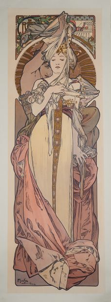 null Alfons MUCHA (1860-1939). 
Femme tenant une épee, vers 1900. Partie gauche de...