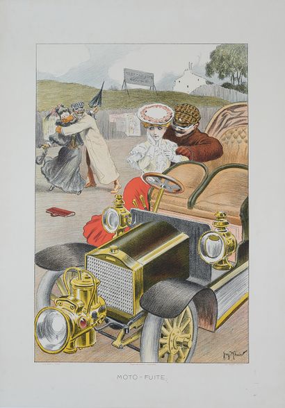 null Georges MEUNIER (1869-1934). 
MOTO-FUITE. 
Affiche lithographiée couleurs, contrecollée...