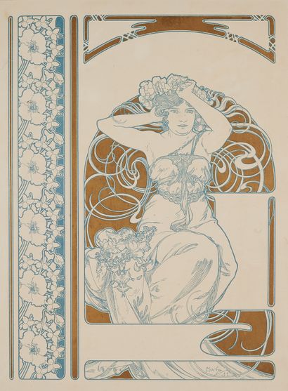 null Alfons MUCHA (1860-1939). 
FEMME METTANT SA COURONNE DE FLEURS, 1899. 
Affiche...