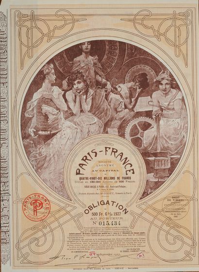 null Alfons MUCHA (1860-1939). 
Two bonds of 500 and 1000 Fr of the PARIS-France...