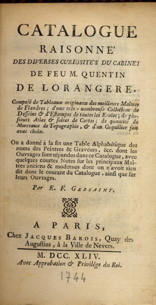 E. F. GERSAINT Catalogue raisonné des diverses curiosités du cabinet de feu M. Quentin...