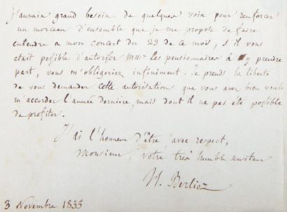 BERLIOZ Hector Lettre autographe signée H. Berlioz au directeur de l'École royale...