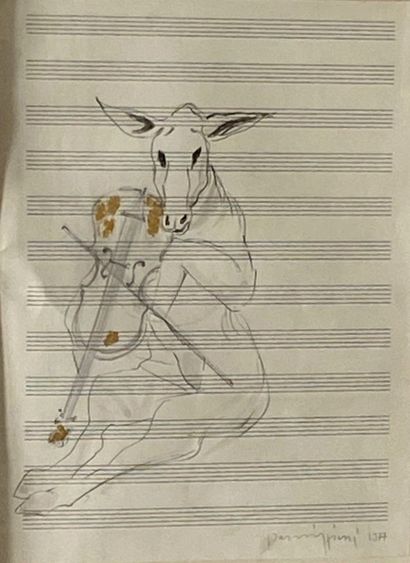 null Claudio PARMIGGIANI (1943-)
The donkey fiddler
Black ink, graphite and gilding...