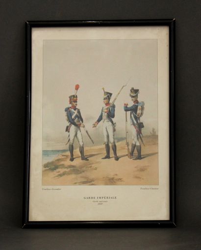 null Five polychrome reproductions of soldiers and one woven reproduction