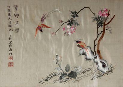 null Two framed pieces with birds on silk