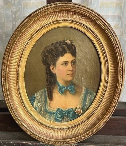 null Ecole du XIXème s.
Femme à la robe et nœud bleu
Huile sur toile ovale
29 x 23...
