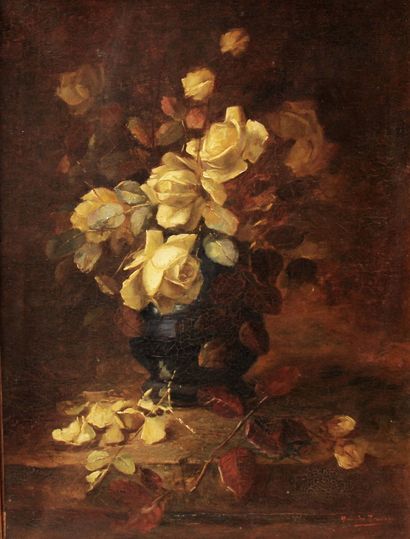 Modern school
Vase with roses on an entablature
Oil...