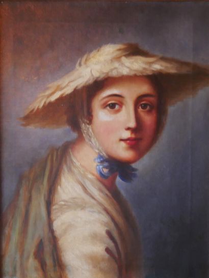 null *French school of the 19th century.
Young girl with hat and blue ribbon
Oil...
