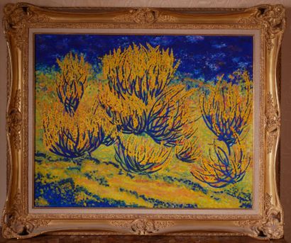 null *Ecole moderne
Les mimosas
Huile sur toile
73 x 92 cm. (sauts de peintures et...