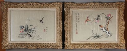 Two framed pieces with birds on silk