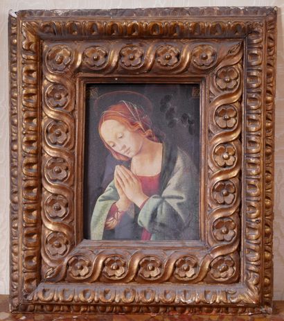 null *Reproduction of the Virgin
Gilded carved wooden frame decorated with flowers
Interior...