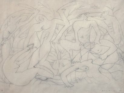 MASSON André (1896-1987). "Massacre". Crayon gras sur papier calque. Tampon sec d'atelier...