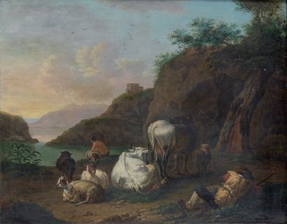 ROMEYN Willem (1624-1694)Ecole de. "Pâtre avec ses animaux au pied de rochers près...
